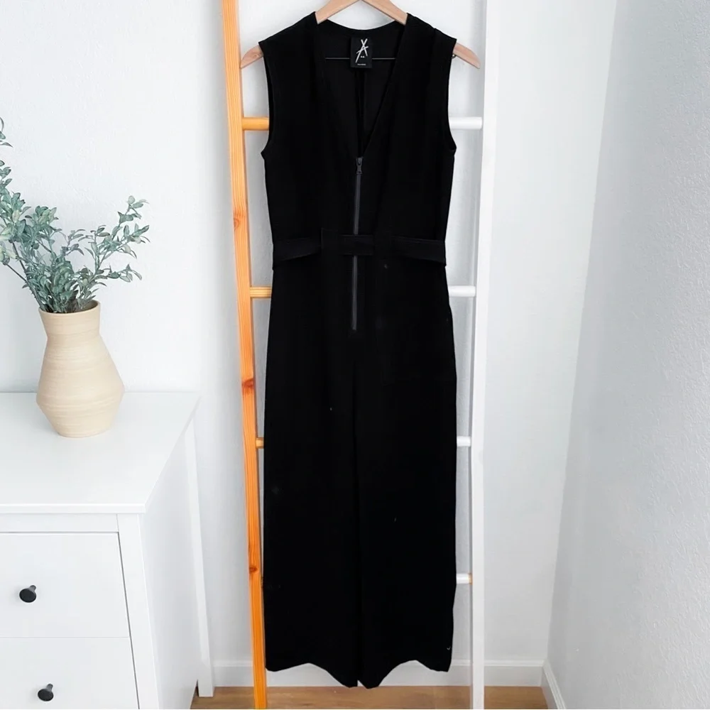 Yigal Azrouel Jumpsuit Front Zip Belted Black Sleeves Wide Leg Women’s 3
